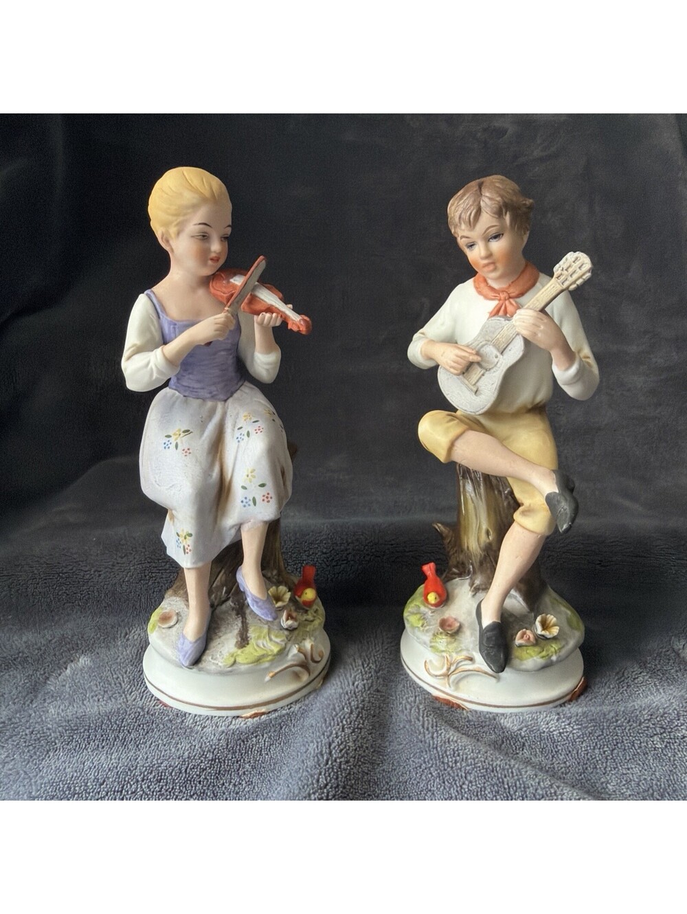 Vintage Ardalt Girl and Boy Playing Instruments With Birds at Their Feet Japan